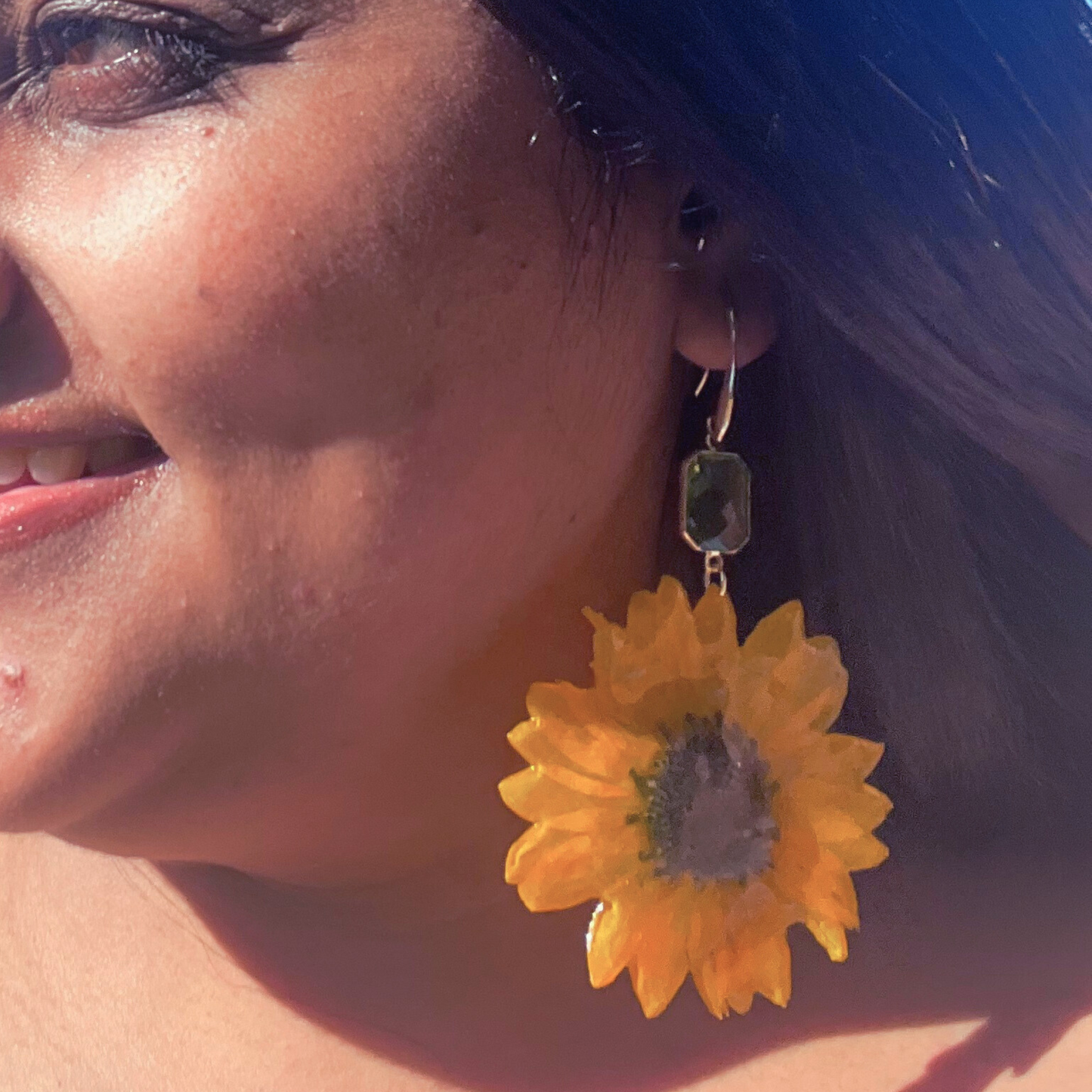 Sunflower Earrings with Green Charm