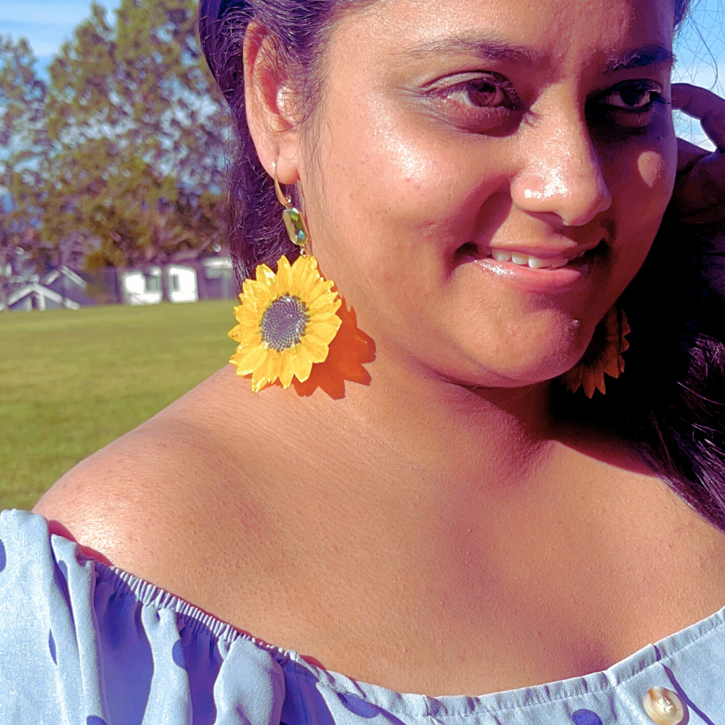 Sunflower Earrings with Green Charm