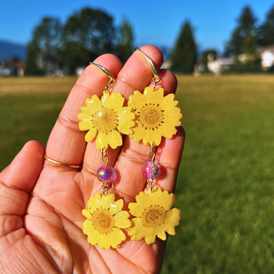 Yellow Daisy Real Flower Earrings