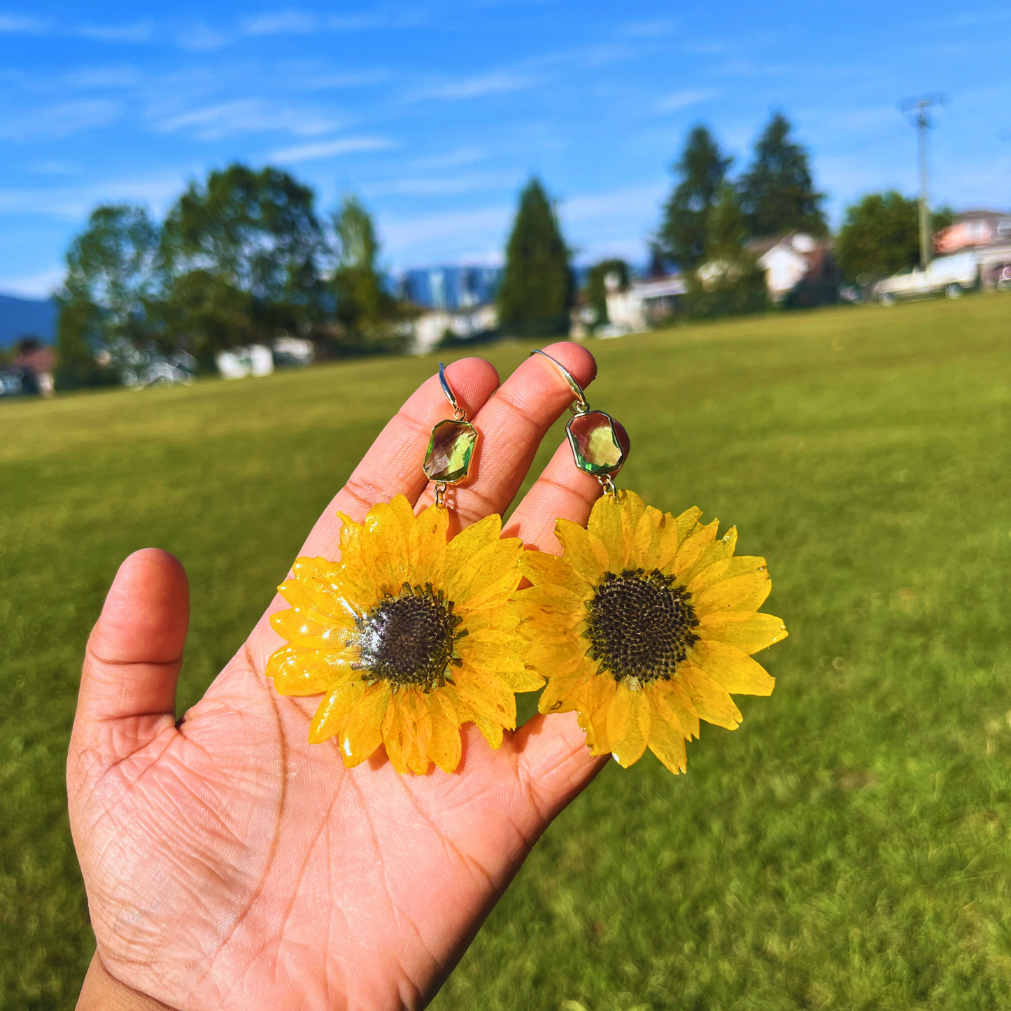 Sunflower Earrings with Green Charm