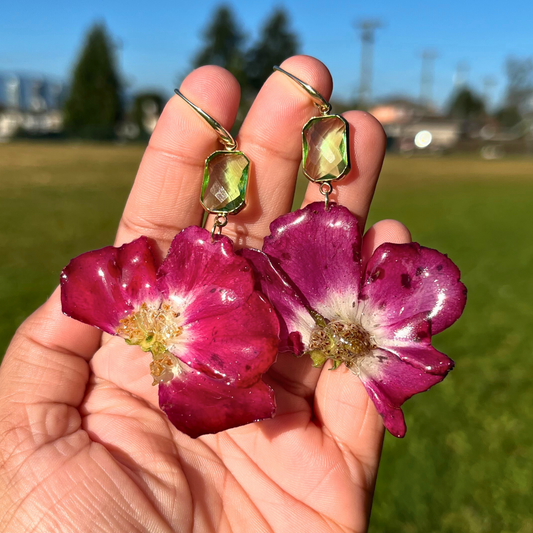 Dark Pink Dog Rose Earring with Green Charm