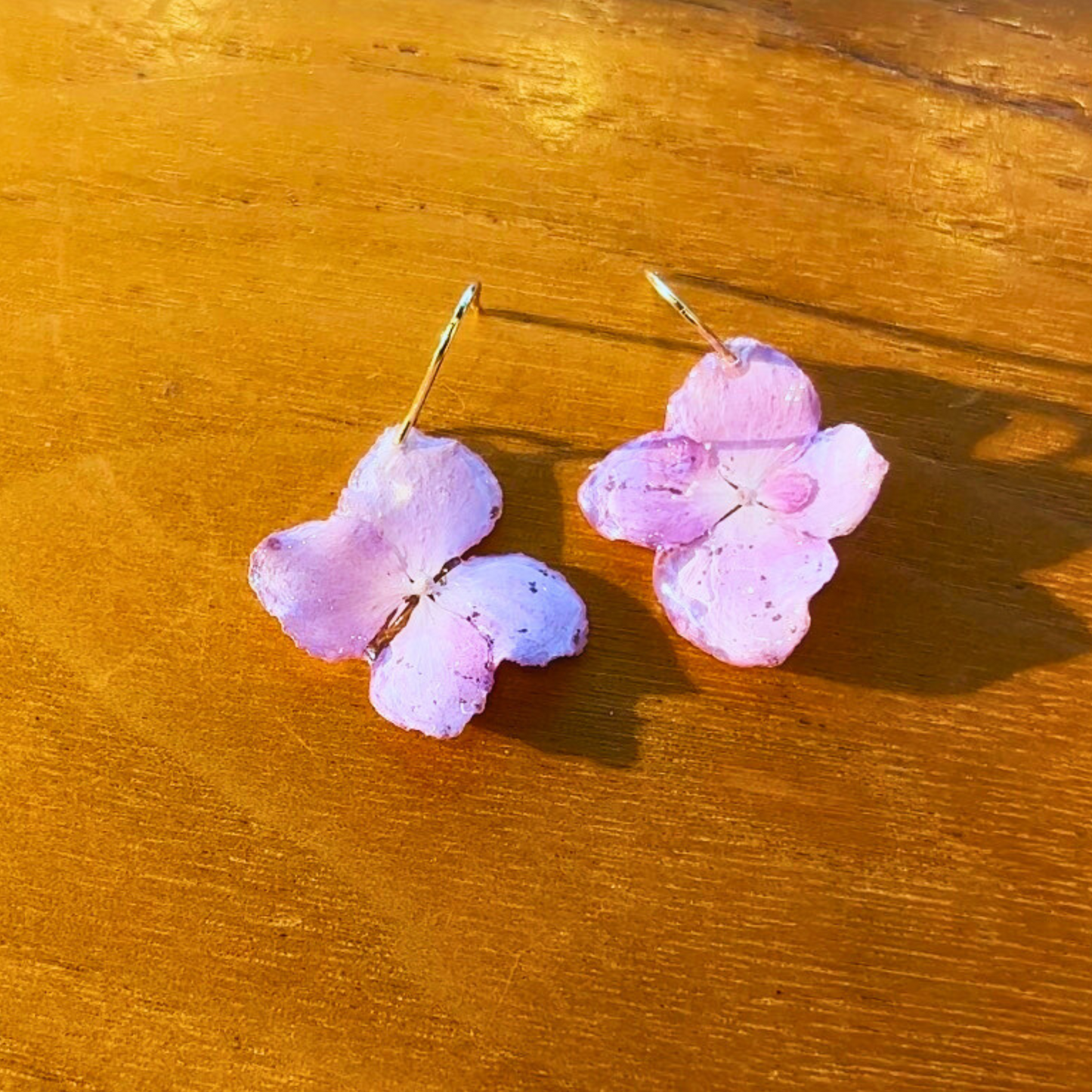 Small Pink Real Hydrangea earrings with Gold Hooks